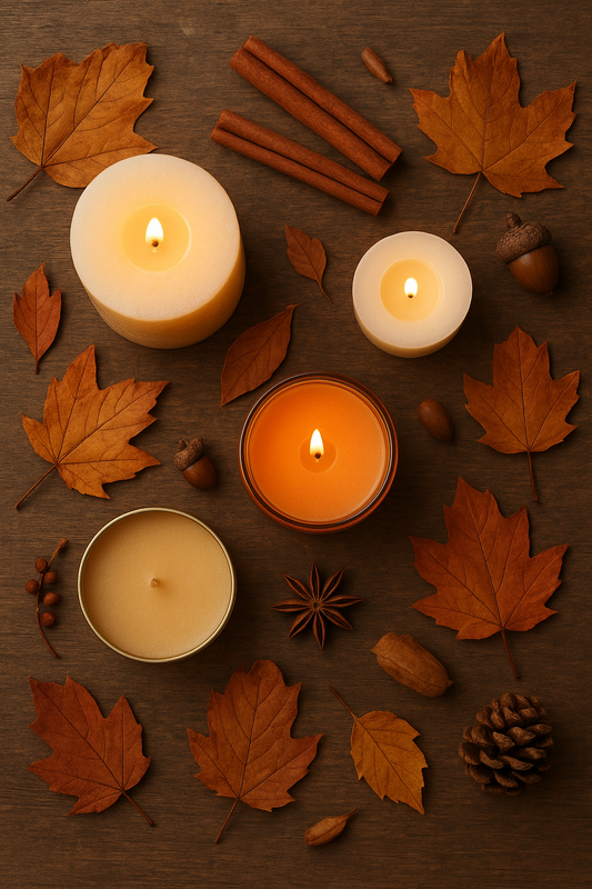 Bougies d'automne avec de la cannelle et des pommes de pin