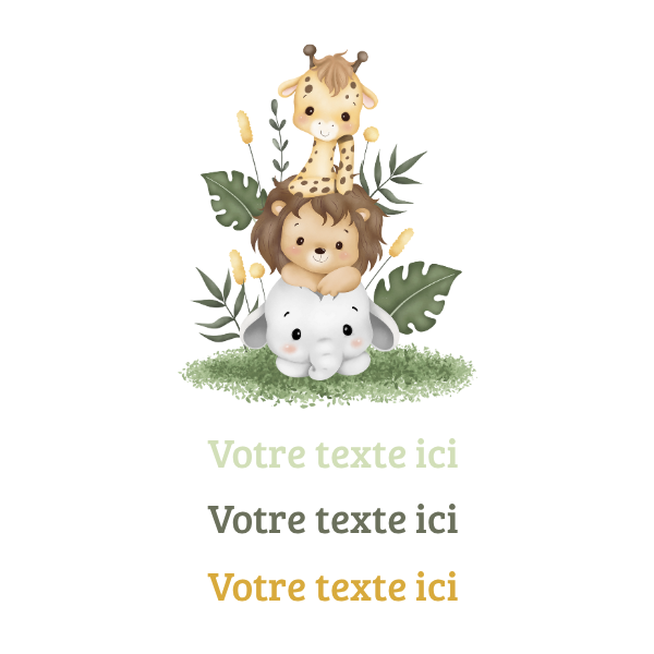 Modèle pour emballage de la bougie nuage avec des bébés girafe, lion et éléphant